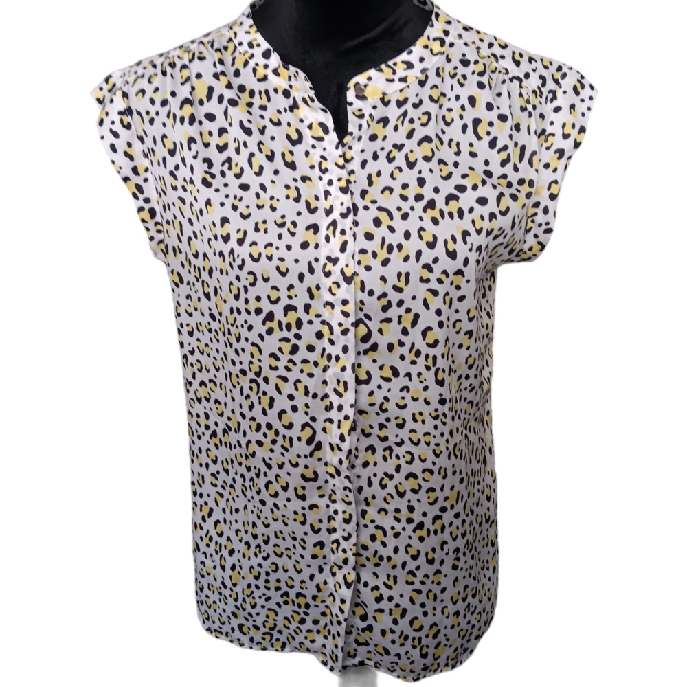 Liz Claiborne Sleeveless Yellow Black White Button-Down Blouse Women's Size M